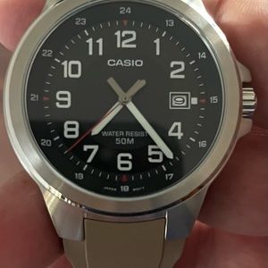 Casio Men's Stainless Steel Outdoor Field Watch with tan silicone band. 46mm.